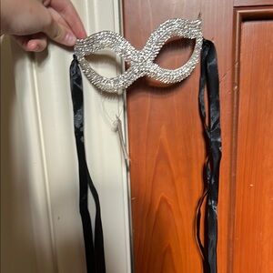 Elegant Silver Rhinestone Mask with Black Ties
